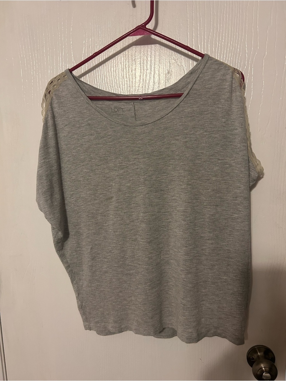 LOFT Light Gray Lace-Detail Short Sleeve Top